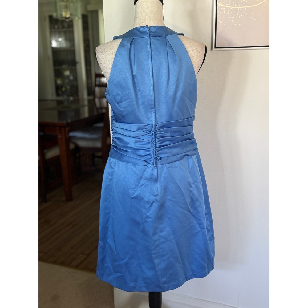 David's Bridal Satin Halter Cocktail Dress Sz10 Horizon Blue (Pool) Ruched Waist - Picture 3 of 9